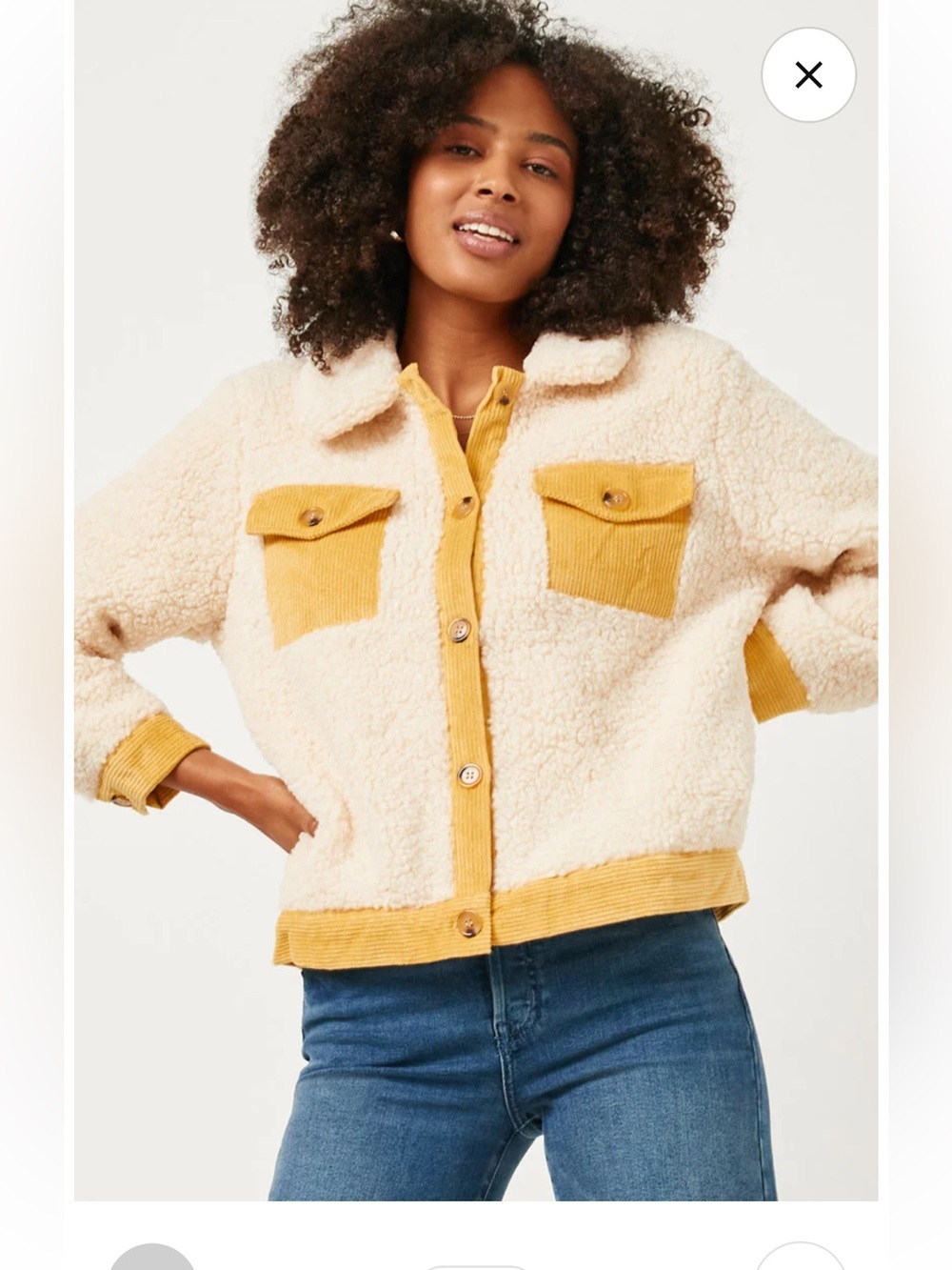 Hayden Contrast Corduroy Trimmed Button Up Sherpa Jacket Small